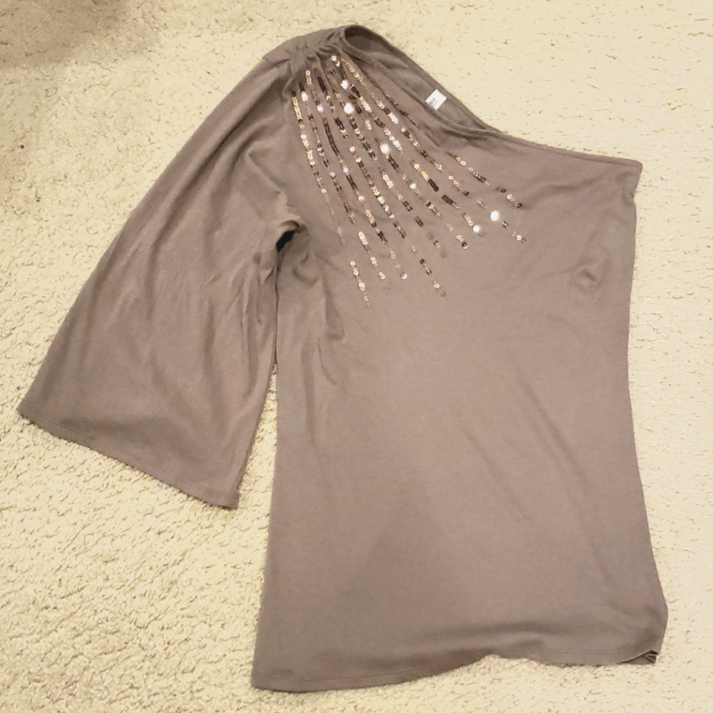 Tee Shop Olive / dark tan shirt with sequins One Shoulder Off Shoulder Small OBO